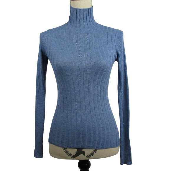 WHBM Mockneck Sweater Blue Cashmere Blend Size XS Fitted Layering Ribbed - Picture 1 of 7